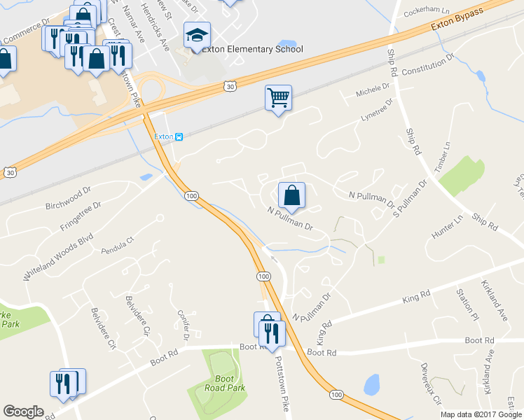 map of restaurants, bars, coffee shops, grocery stores, and more near 448 Hartford Square in West Chester