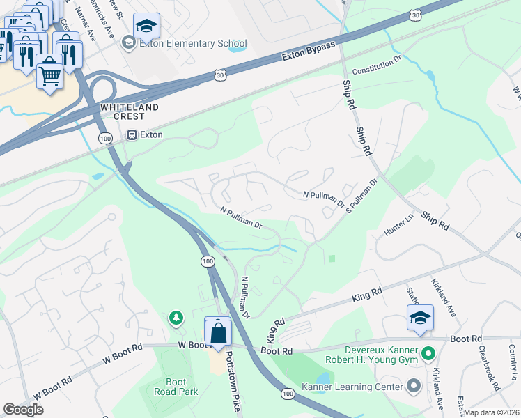map of restaurants, bars, coffee shops, grocery stores, and more near 316 Huntington Court in West Chester