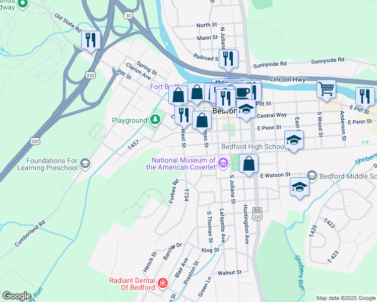 map of restaurants, bars, coffee shops, grocery stores, and more near 242 West John Street in Bedford