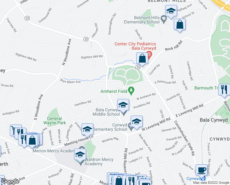map of restaurants, bars, coffee shops, grocery stores, and more near 557 Manayunk Road in Bala Cynwyd