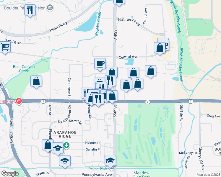 map of restaurants, bars, coffee shops, grocery stores, and more near 5495 Arapahoe Ave in Boulder