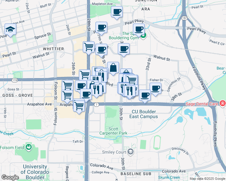 map of restaurants, bars, coffee shops, grocery stores, and more near in Boulder