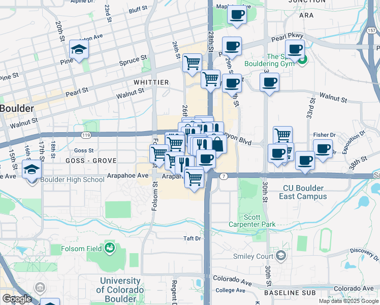 map of restaurants, bars, coffee shops, grocery stores, and more near 1633 28th Street in Boulder