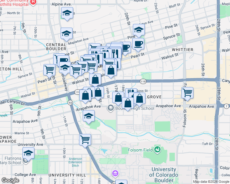 map of restaurants, bars, coffee shops, grocery stores, and more near 1631 Grove Street in Boulder