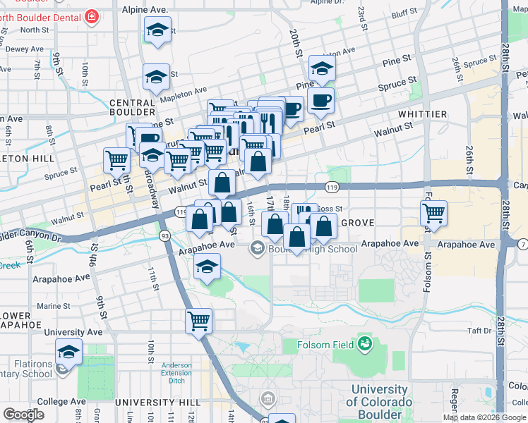 map of restaurants, bars, coffee shops, grocery stores, and more near 1631 Grove Street in Boulder