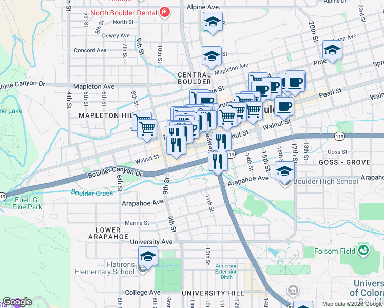 map of restaurants, bars, coffee shops, grocery stores, and more near in Boulder