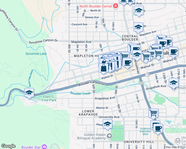 map of restaurants, bars, coffee shops, grocery stores, and more near 537 Canyon Boulevard in Boulder