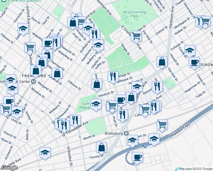 map of restaurants, bars, coffee shops, grocery stores, and more near 5022 Jackson Street in Philadelphia