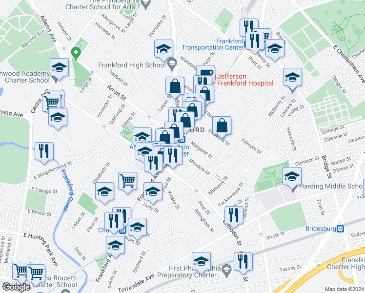 map of restaurants, bars, coffee shops, grocery stores, and more near 4652 Paul Street in Philadelphia