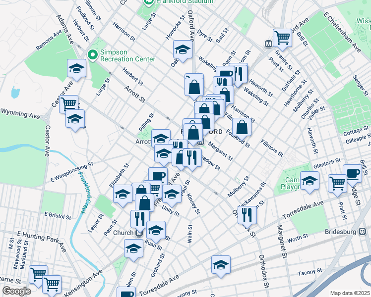 map of restaurants, bars, coffee shops, grocery stores, and more near 4622 Frankford Avenue in Philadelphia