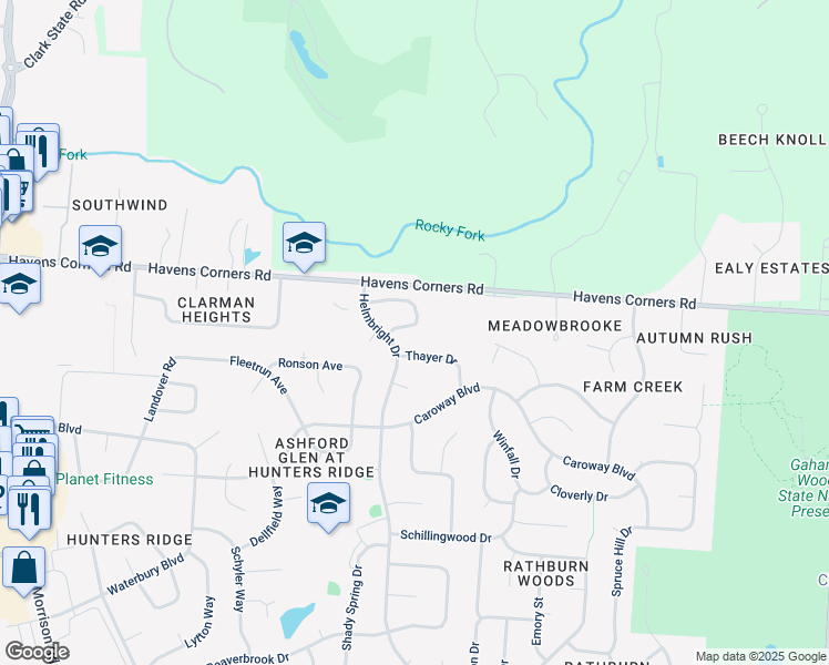 map of restaurants, bars, coffee shops, grocery stores, and more near 131 Helmbright Drive in Columbus