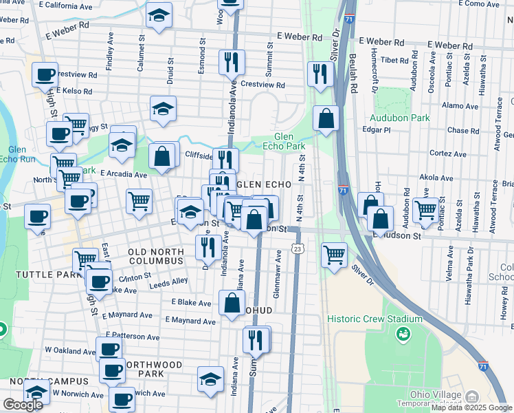 map of restaurants, bars, coffee shops, grocery stores, and more near 2546 Glen Echo Drive in Columbus