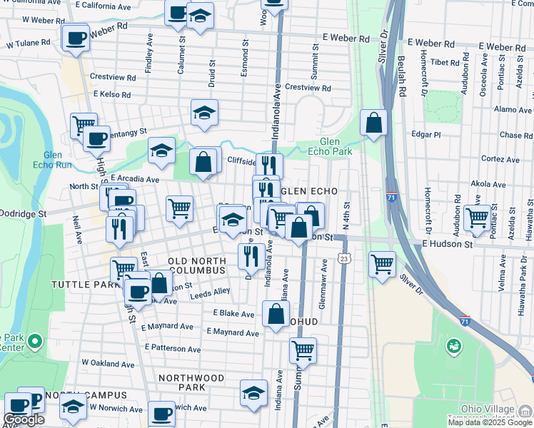 map of restaurants, bars, coffee shops, grocery stores, and more near in Columbus