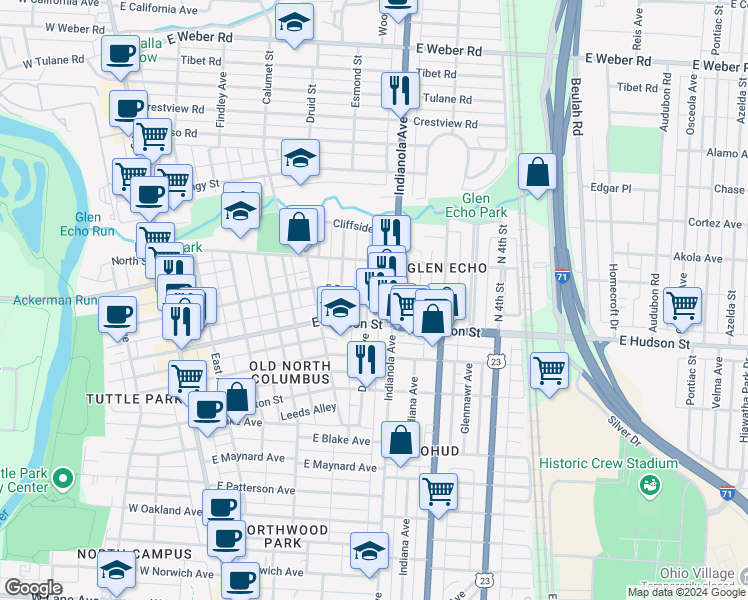 map of restaurants, bars, coffee shops, grocery stores, and more near in Columbus