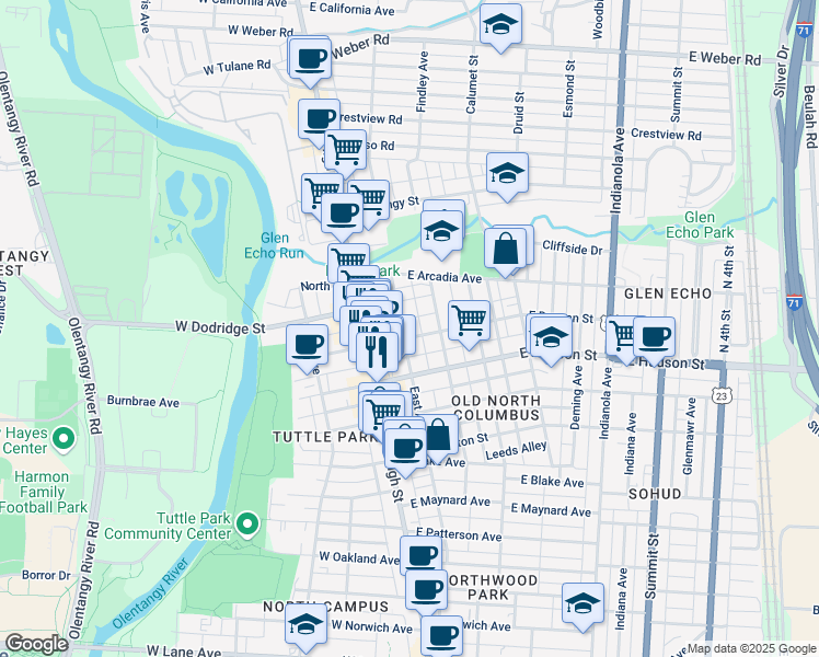 map of restaurants, bars, coffee shops, grocery stores, and more near 57 East Duncan Street in Columbus