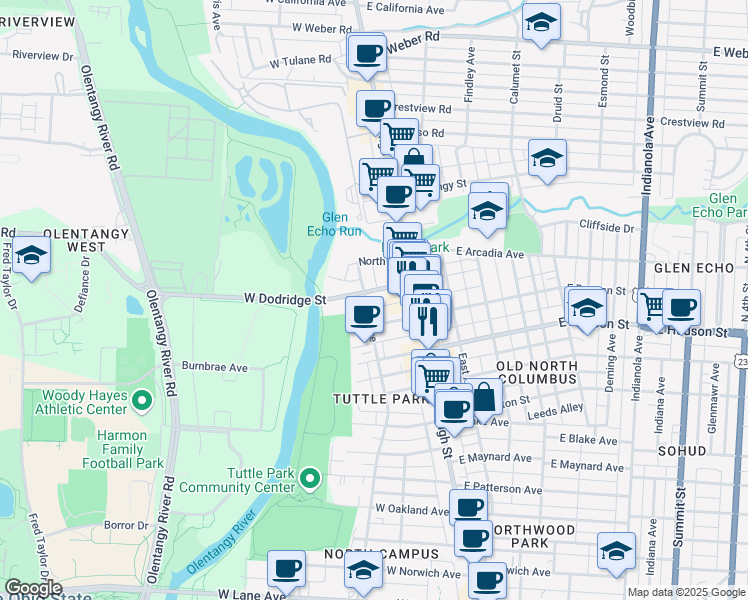 map of restaurants, bars, coffee shops, grocery stores, and more near 48 West Duncan Street in Columbus