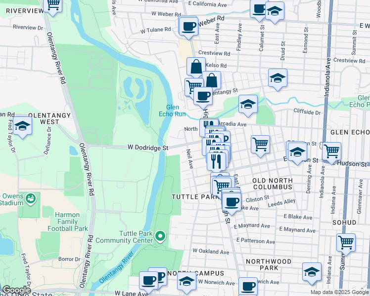 map of restaurants, bars, coffee shops, grocery stores, and more near 2633 Neil Avenue in Columbus