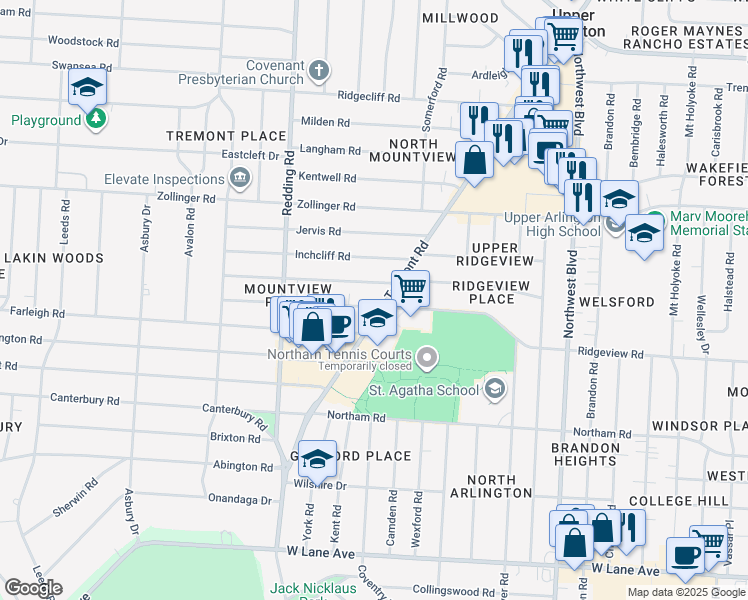 map of restaurants, bars, coffee shops, grocery stores, and more near 2900 Tremont Road in Columbus