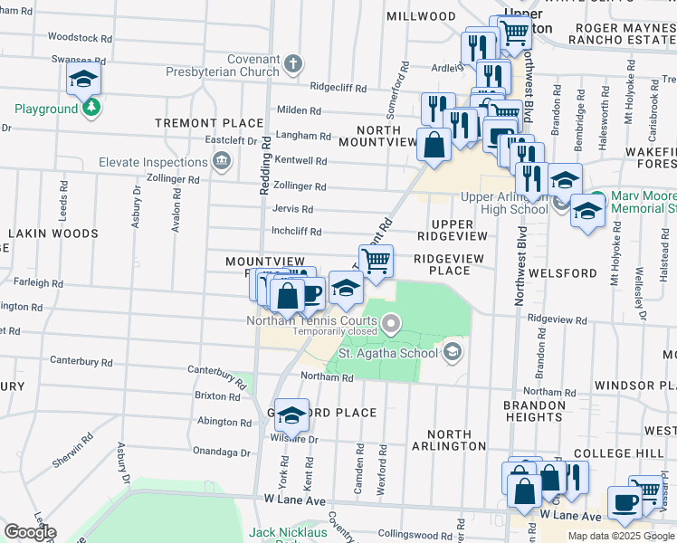 map of restaurants, bars, coffee shops, grocery stores, and more near 2900 Tremont Road in Columbus