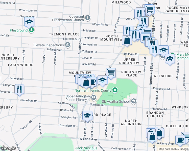 map of restaurants, bars, coffee shops, grocery stores, and more near 2061 Ridgeview Road in Columbus