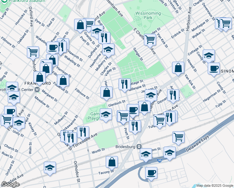 map of restaurants, bars, coffee shops, grocery stores, and more near 5022 Jackson Street in Philadelphia