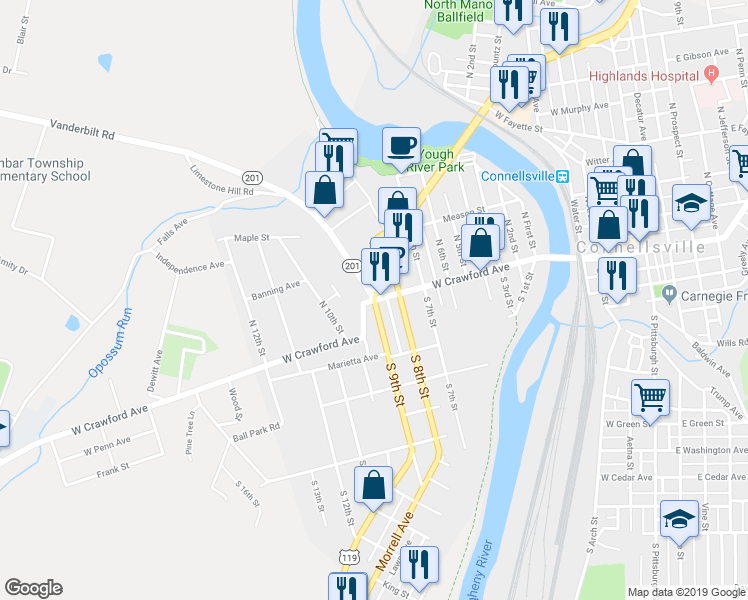 map of restaurants, bars, coffee shops, grocery stores, and more near Pennsylvania 201 in Connellsville