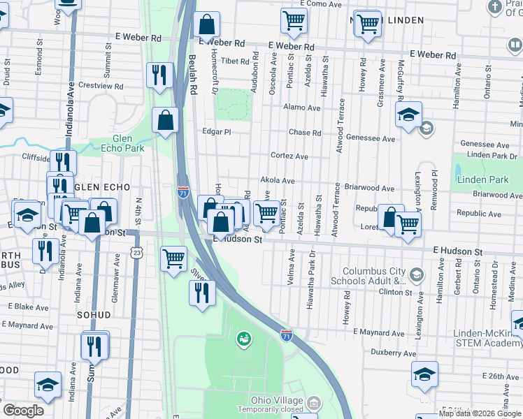 map of restaurants, bars, coffee shops, grocery stores, and more near 2490 Audubon Road in Columbus