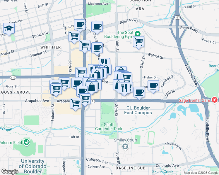 map of restaurants, bars, coffee shops, grocery stores, and more near 1710 29th Street in Boulder