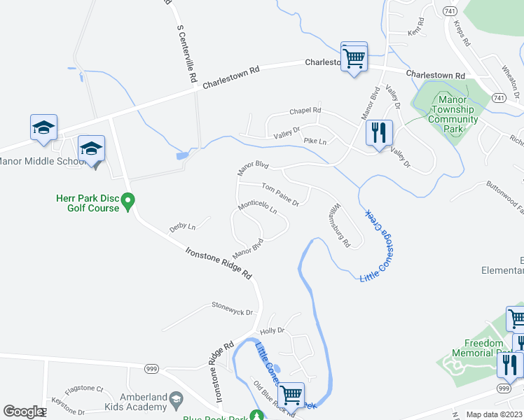 map of restaurants, bars, coffee shops, grocery stores, and more near 1047 Monticello Lane in Lancaster