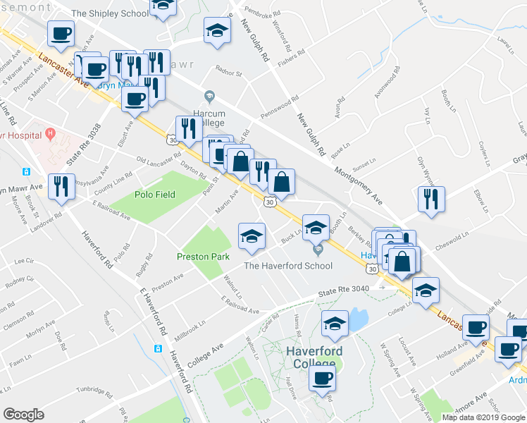 map of restaurants, bars, coffee shops, grocery stores, and more near 535 County Line Road in Haverford