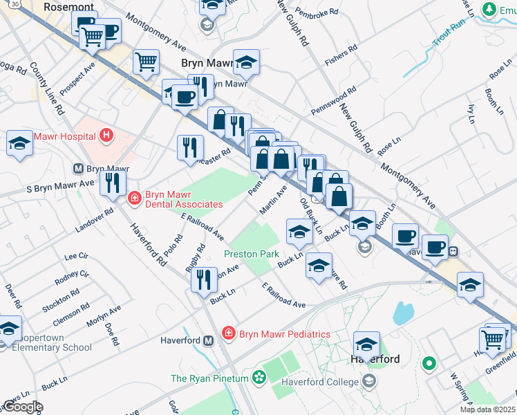 map of restaurants, bars, coffee shops, grocery stores, and more near 856 Martin Avenue in Bryn Mawr
