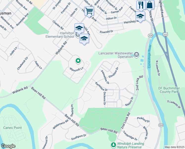 map of restaurants, bars, coffee shops, grocery stores, and more near 1048 Sterling Place in Lancaster
