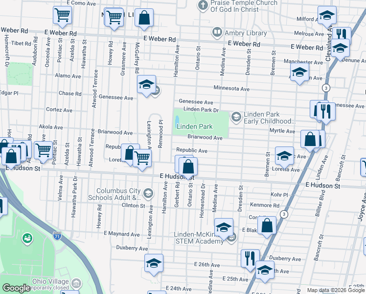 map of restaurants, bars, coffee shops, grocery stores, and more near 1249 Republic Avenue in Columbus
