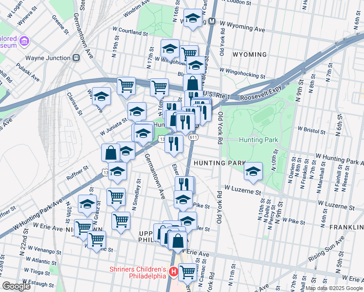map of restaurants, bars, coffee shops, grocery stores, and more near 1422 West Jerome Street in Philadelphia