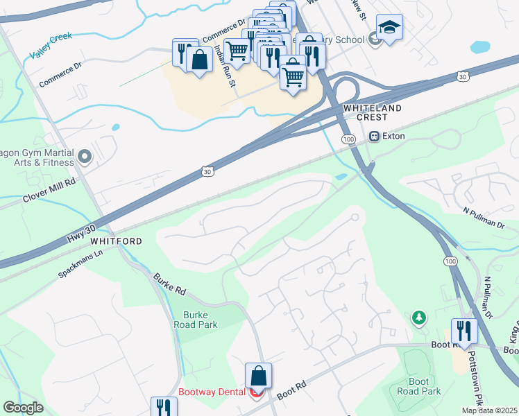 map of restaurants, bars, coffee shops, grocery stores, and more near 184 Birchwood Drive in West Chester