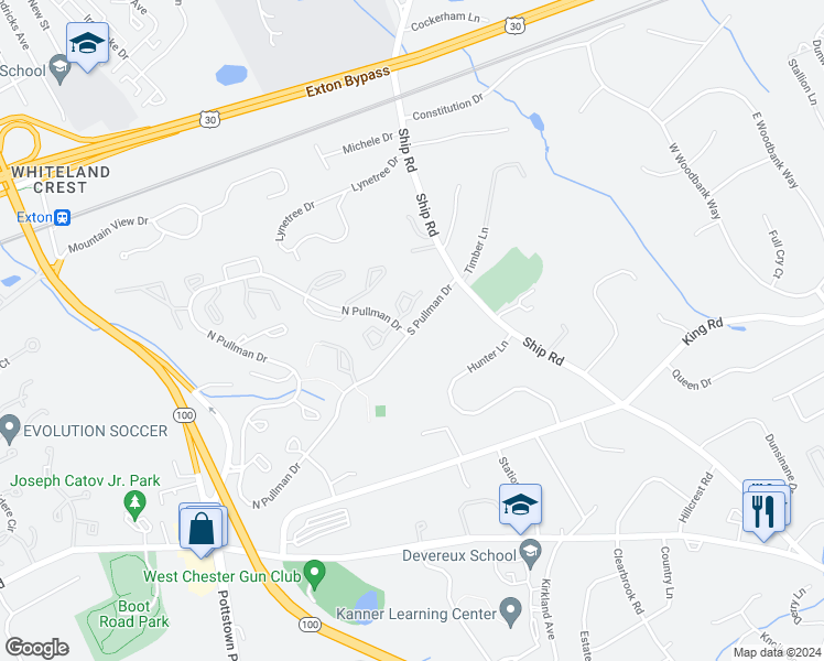 map of restaurants, bars, coffee shops, grocery stores, and more near 205 South Pullman Drive in West Chester