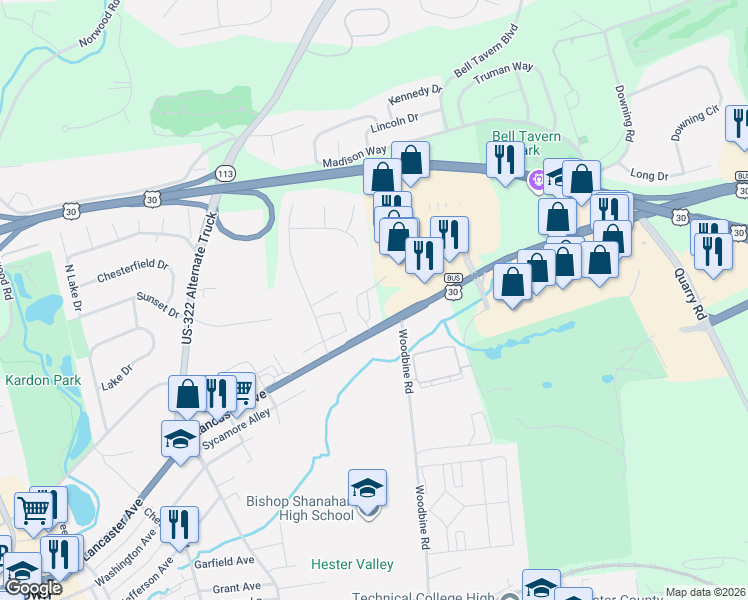 map of restaurants, bars, coffee shops, grocery stores, and more near 827 East Lancaster Avenue in Downingtown