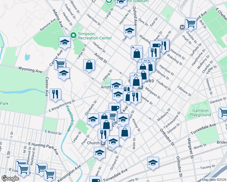 map of restaurants, bars, coffee shops, grocery stores, and more near 1514 Orthodox Street in Philadelphia