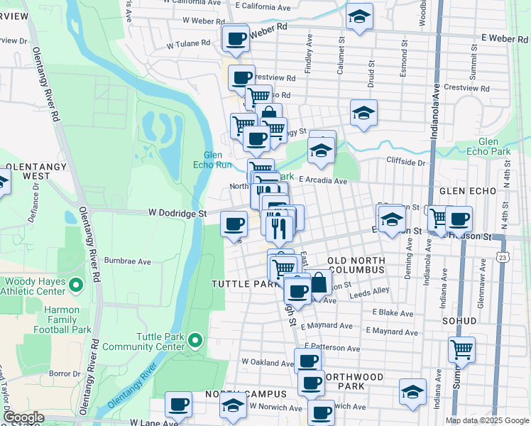 map of restaurants, bars, coffee shops, grocery stores, and more near 15 East Duncan Street in Columbus