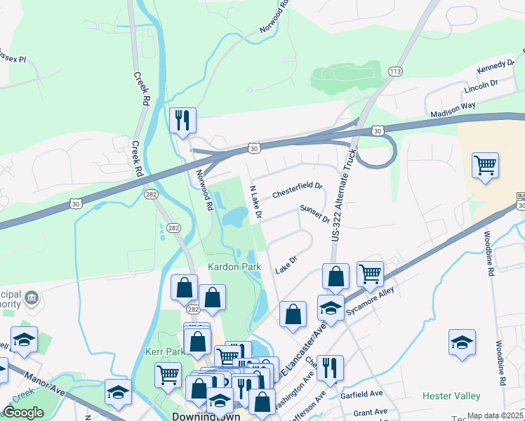 map of restaurants, bars, coffee shops, grocery stores, and more near 203 North Lake Drive in Downingtown