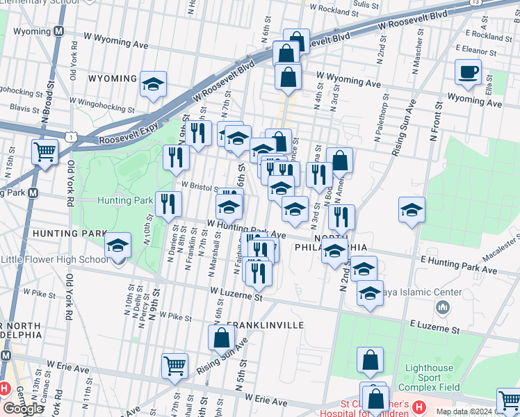 map of restaurants, bars, coffee shops, grocery stores, and more near 4247 North Reese Street in Philadelphia