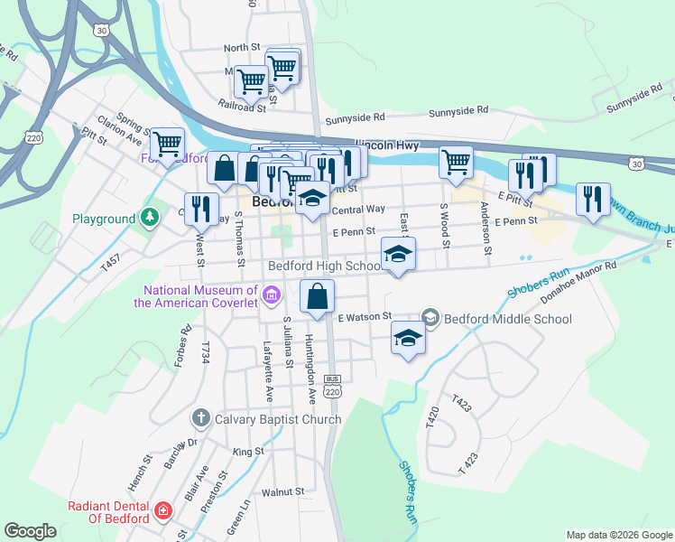 map of restaurants, bars, coffee shops, grocery stores, and more near 317 South Richard Street in Bedford