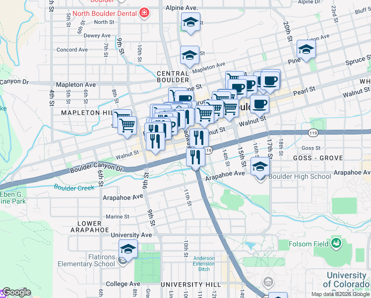 map of restaurants, bars, coffee shops, grocery stores, and more near 1155 Canyon Boulevard in Boulder