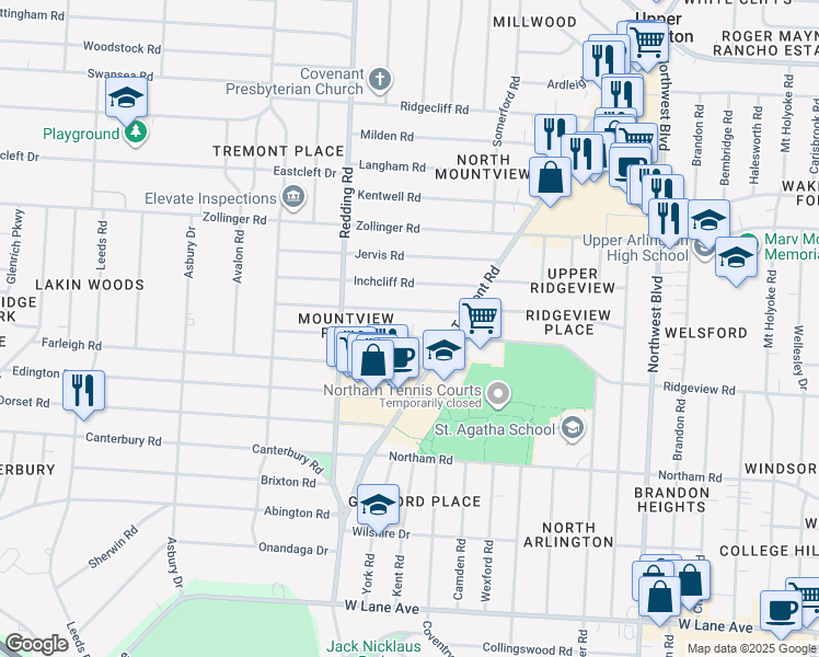 map of restaurants, bars, coffee shops, grocery stores, and more near 2061 Ridgeview Road in Columbus