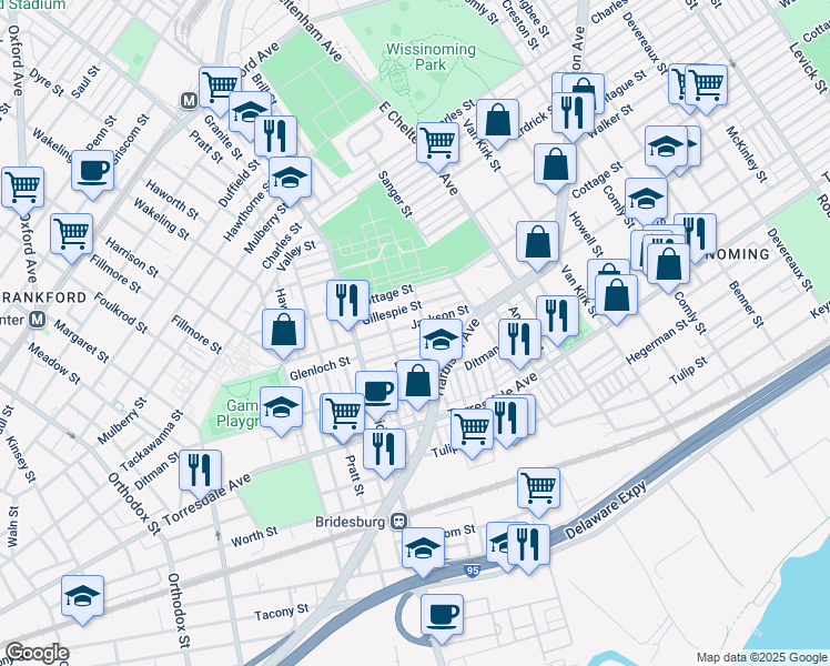 map of restaurants, bars, coffee shops, grocery stores, and more near 5257 Jackson Street in Philadelphia