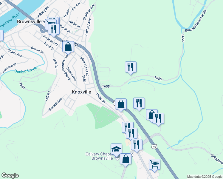 map of restaurants, bars, coffee shops, grocery stores, and more near 122 Lynn Road in Brownsville