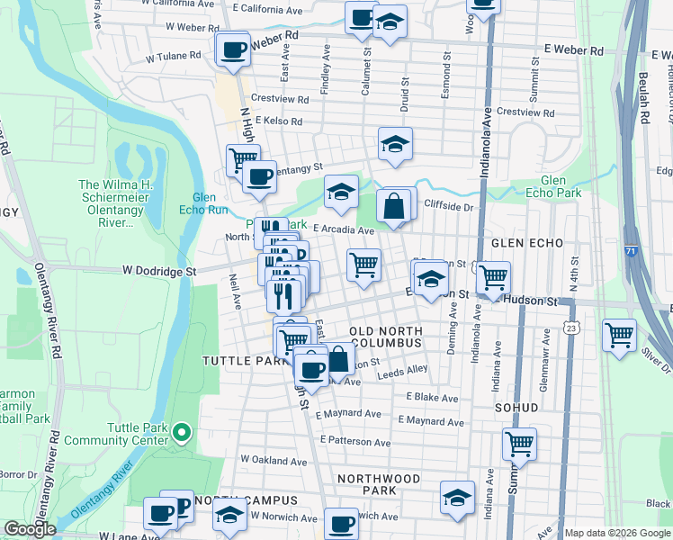 map of restaurants, bars, coffee shops, grocery stores, and more near 98 East Duncan Street in Columbus