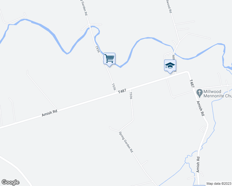 map of restaurants, bars, coffee shops, grocery stores, and more near Spring Garden Road in Kinzers