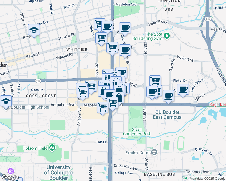 map of restaurants, bars, coffee shops, grocery stores, and more near 1650 28th Street in Boulder