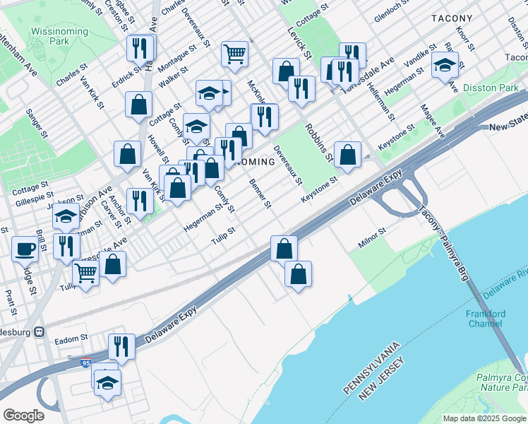 map of restaurants, bars, coffee shops, grocery stores, and more near 6031 Tulip Street in Philadelphia